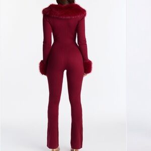Fashion Nova Fur Trim Jumpsuit - Deep Red